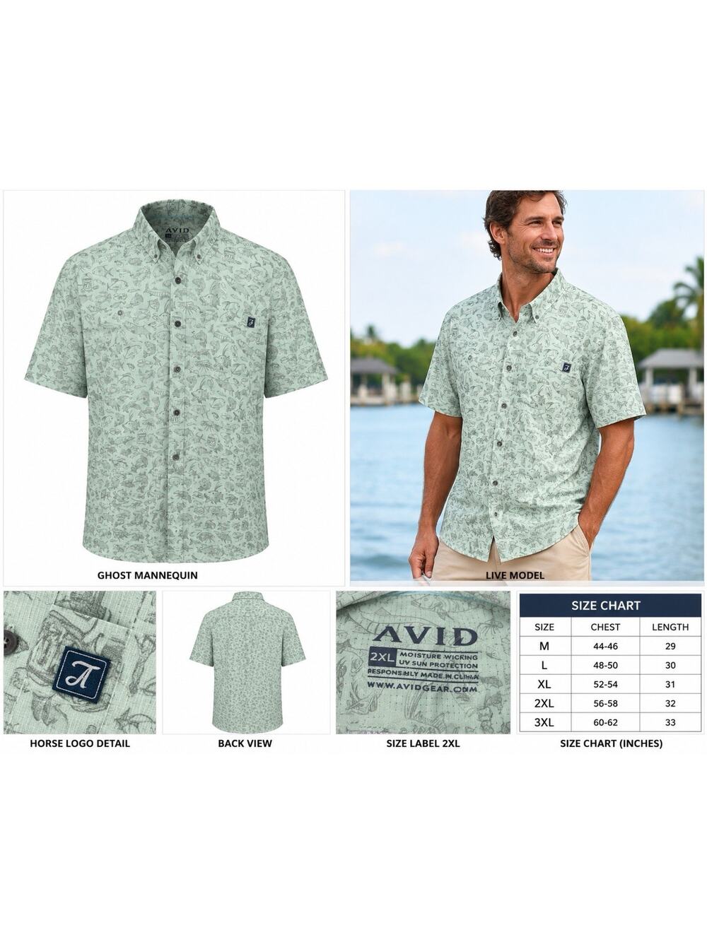 AVID Gear Fishing Shirt Men's‎ 2XL Button Up AOP Fish Print Short Sleeve Rare